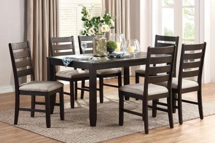 7pc Dining Set Brown Finish Table and 6 Side Chairs Beige Upholstery Seat Ladder Back Wooden Kitchen Dining Furniture - as Pic