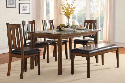 Espresso Finish 6pc Dining Set Tabe Bench and 4 Chairs Set Black Faux Leather Upholstered Seat Dining Kitchen Set Wooden Furniture - as Pic