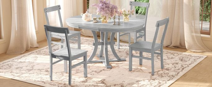 TOPMAX 5-Piece Rustic Round Pedestal Extendable Dining Table Set with 15.7" Removable Leaf and Simple Dining Chirs for Small Places, Gray - as Pic