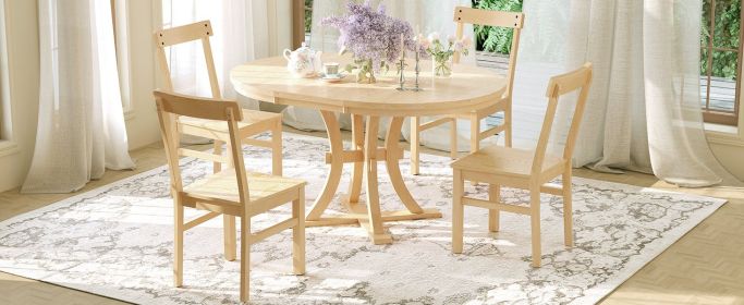 TOPMAX 5-Piece Rustic Round Pedestal Extendable Dining Table Set with 15.7" Removable Leaf and Simple Dining Chirs for Small Places, Natural - as Pic